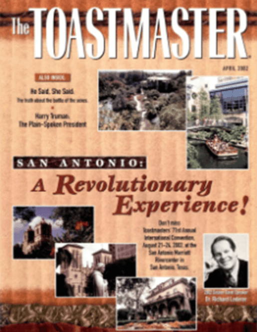 Toastmaster magazine cover from 2002 showing six images and headlines