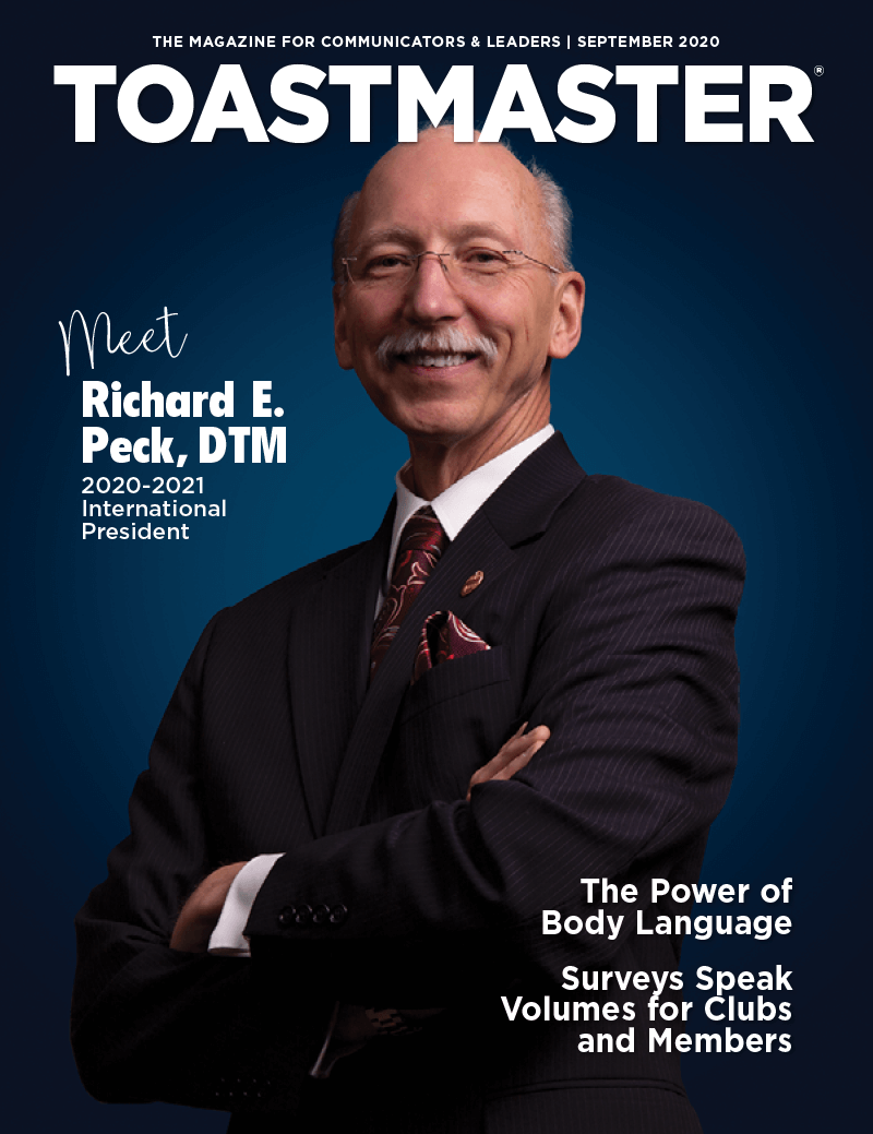 September Magazine Cover with newly elected Toastmaster International President Richard E. Peck