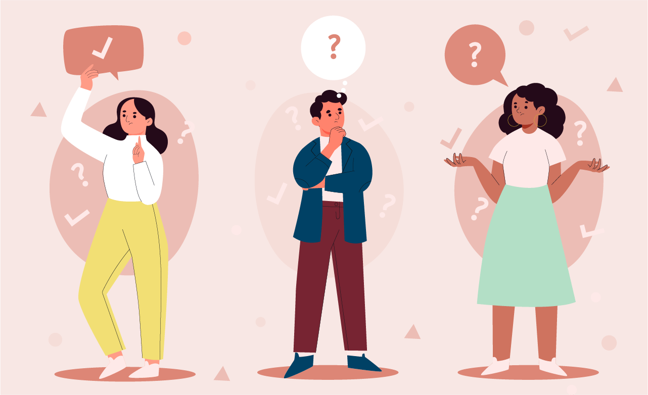 Illustration of three people with comments and questions above their heads