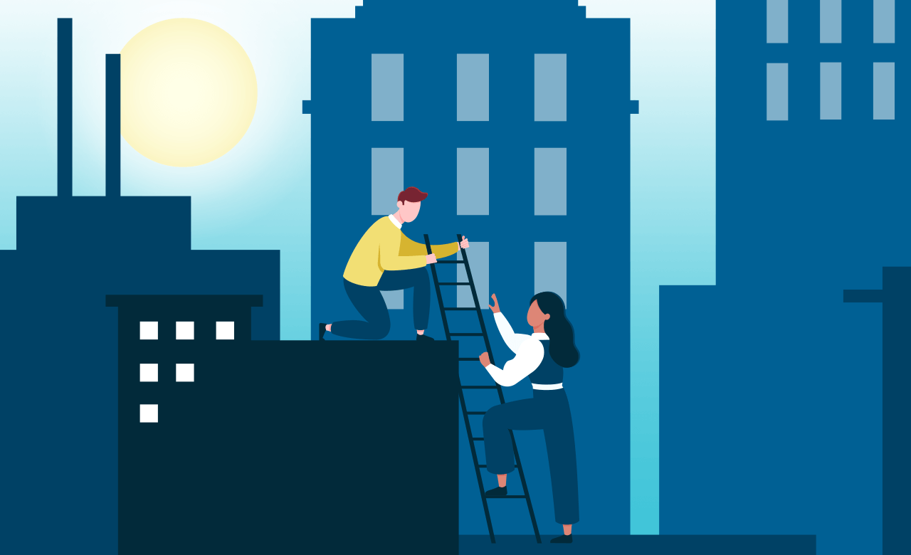 One person helping another person climb a ladder to the top of a building