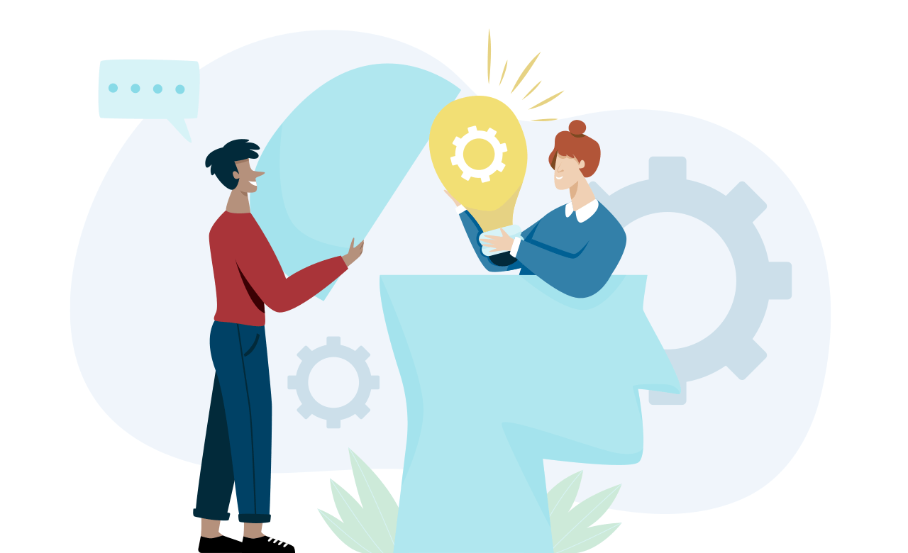 Illustration of two people conversating while one holds a lightbulb with a gear inside