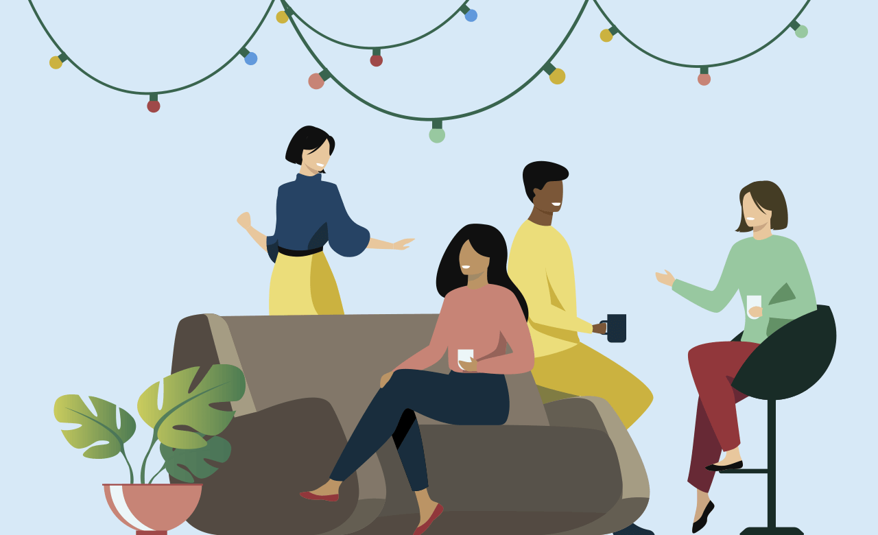 Illustration of four people at a holiday party