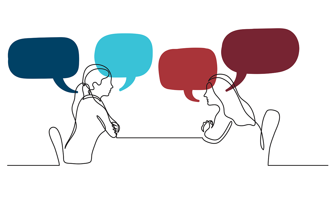 graphic of two females talking with speech bubbles around their heads