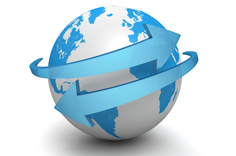 Blue and white globe with arrows around it