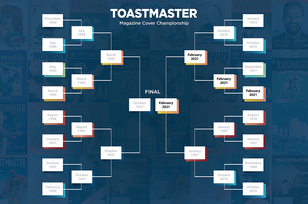 Bracket final winner with Toastmaster magazine covers
