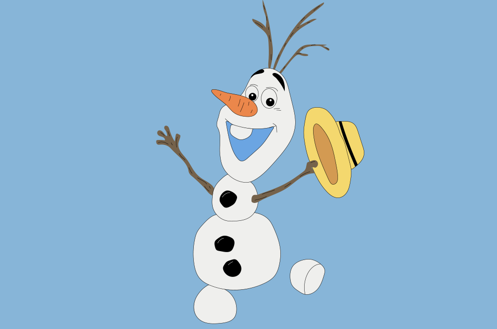 Olaf the snowman cartoon from Frozen movie holding yellow hat with blue background