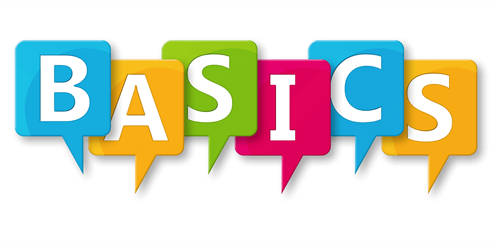 Blue, yellow, green, and pink chat bubbles spelling out the word basics