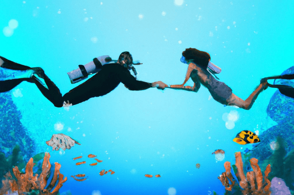 Man and a woman holding hands while scuba diving among colorful tropical fish