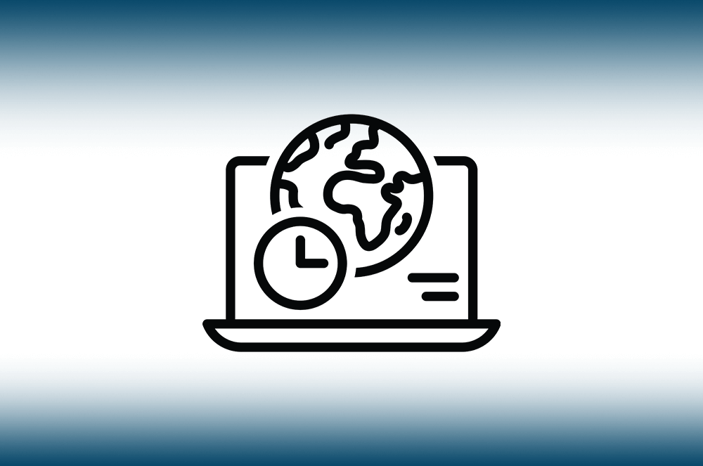 Yellow icon with outline of earth and clock on laptop