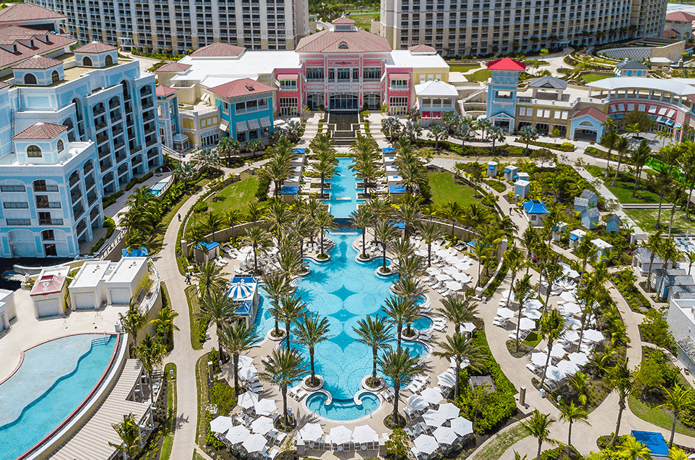 Grand Hyatt Baha Mar resort hotel with pools and palm trees