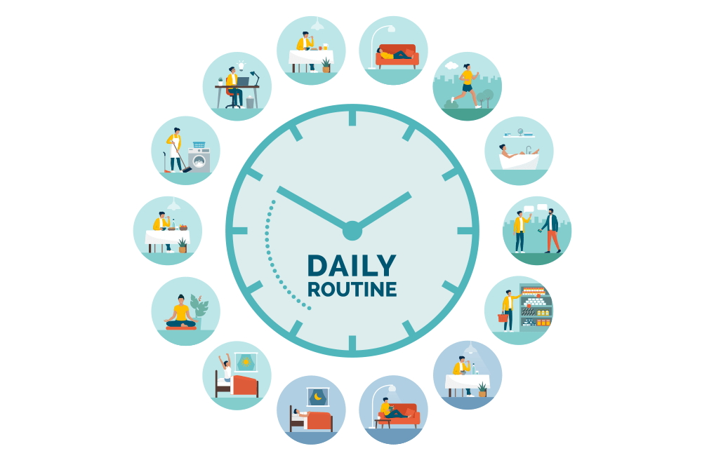 Clock saying daily routine with cartoons in circles around it