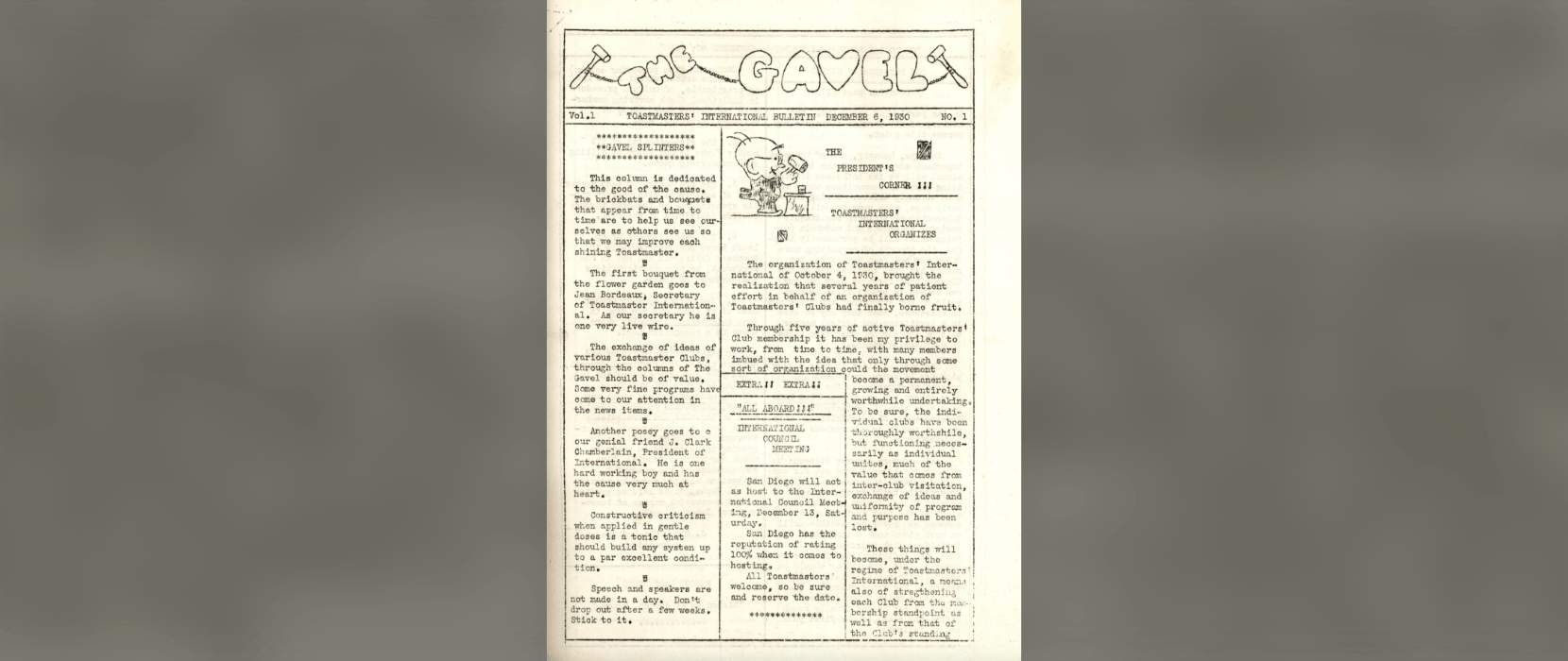 Historical newsletter The Gavel with typed copy and illustration
